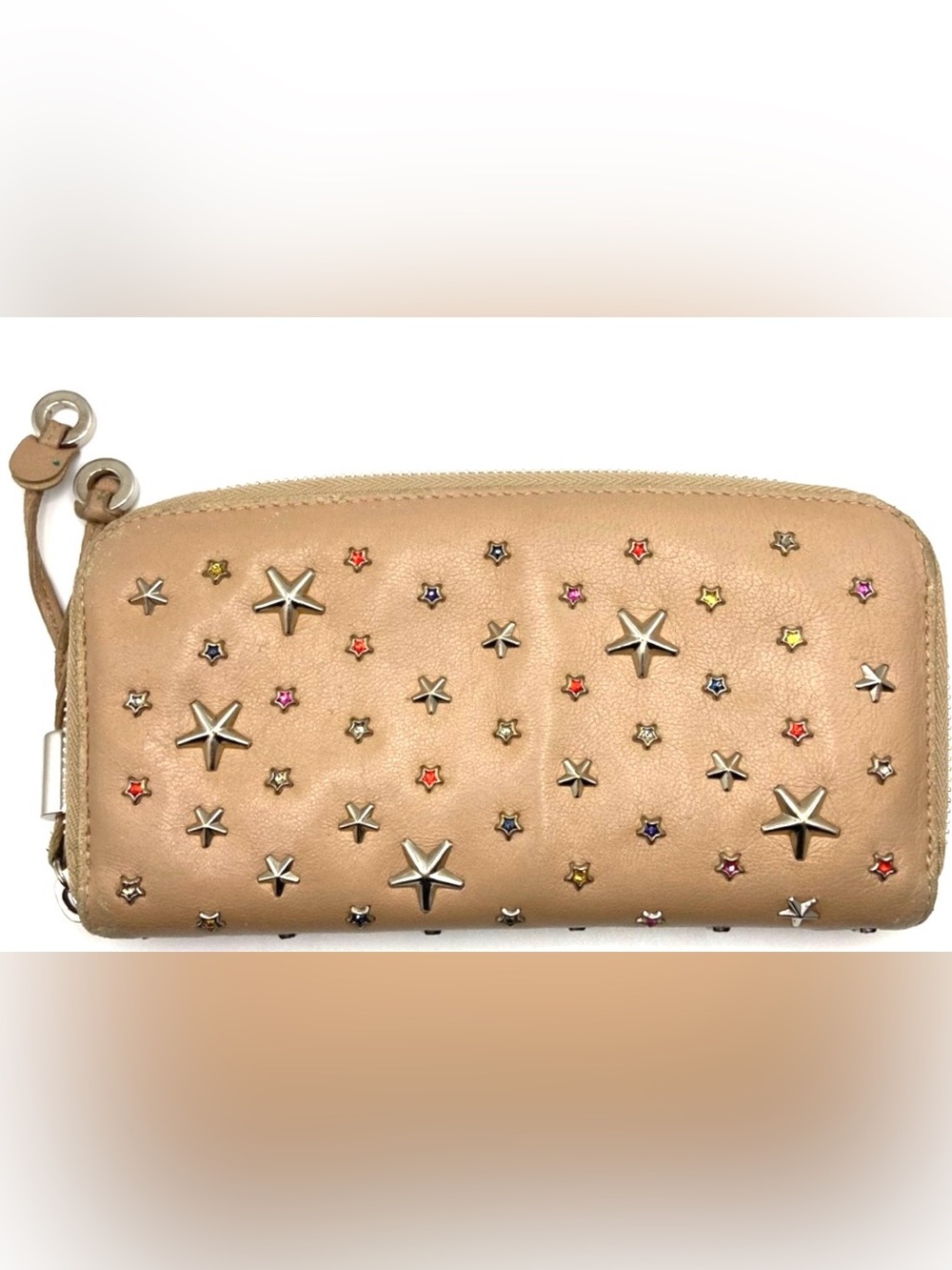 JIMMY CHOO Star Stud Zip Around Wallet Nude Beige Multicolor Crystal